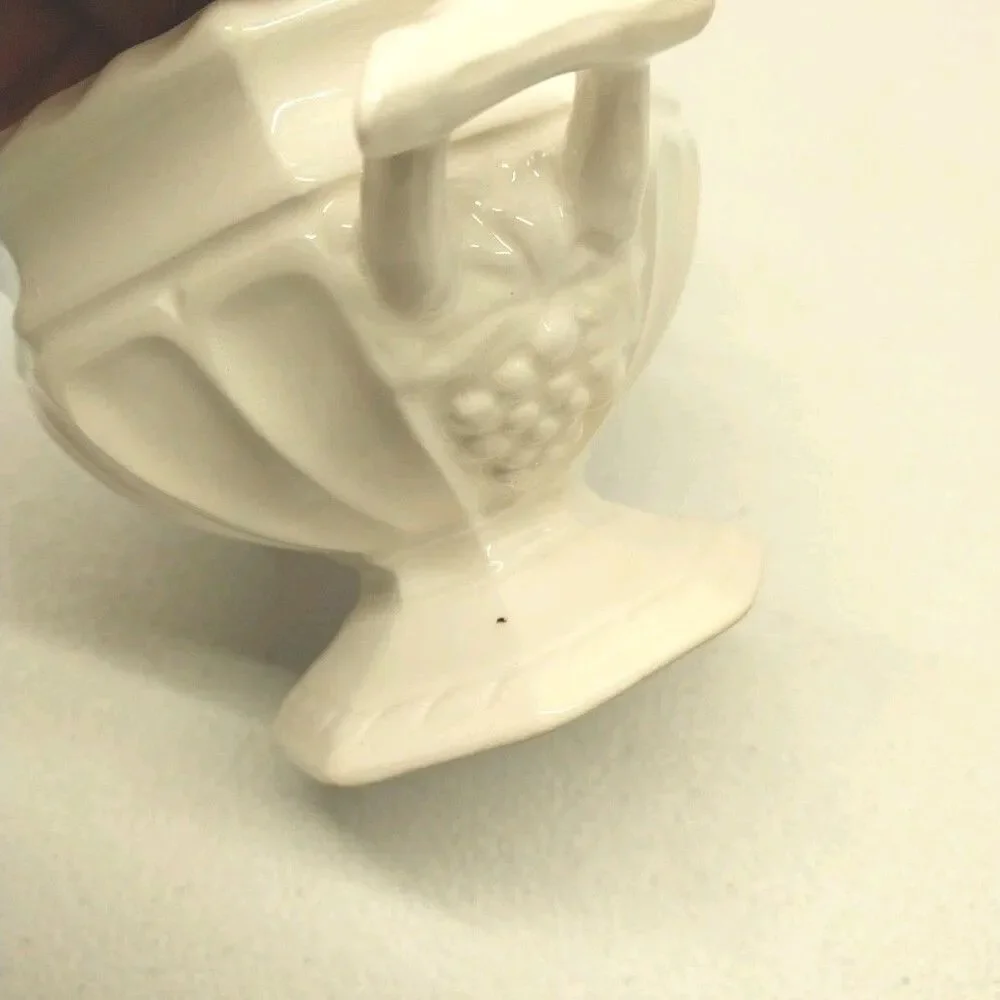 Vintage Ivory Ceramic Covered Sugar Bowl Grape Pedestal w/ Original Metal Spoon